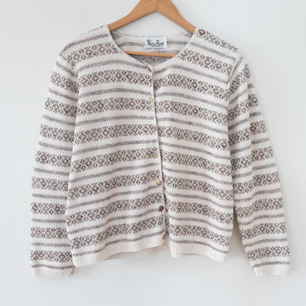Reba Rose Vintage Striped Cardigan Sweater with Shell Buttons
